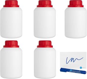 BOTELLA BLANCA 500 ML (PACK 5 UDS) de Polietileno, rosca boca ancha - Líquidos, Cosmética, Químicos + Kit Etiquetado